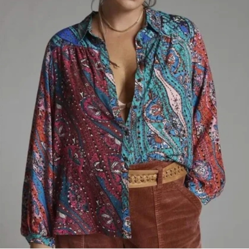 New Anthro MAEVE The Paz Blouse Patchwork Paisley Shirt Top Colorful Floral Pink